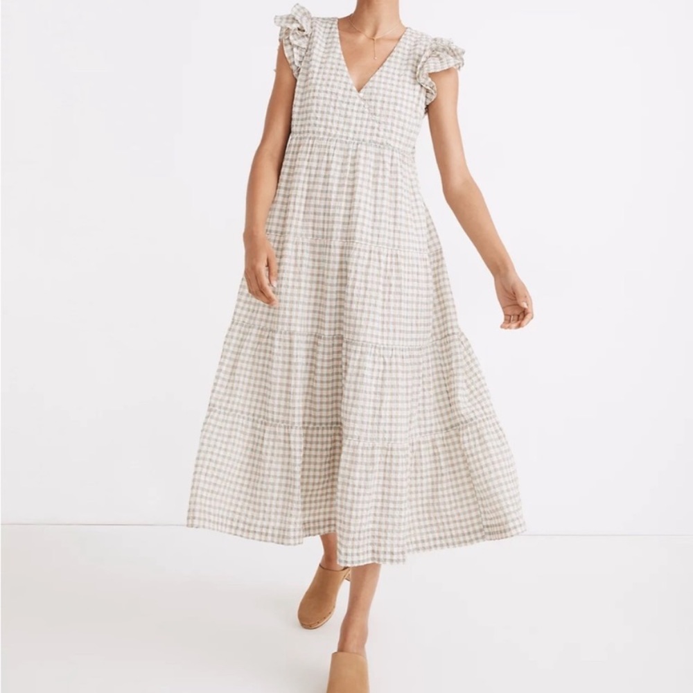 Madewell Gingham Seersucker Ruffle Sleeve Midi Dress - Small